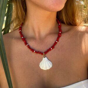 Handmade red coral beads, freshwater pearls and scallop necklace